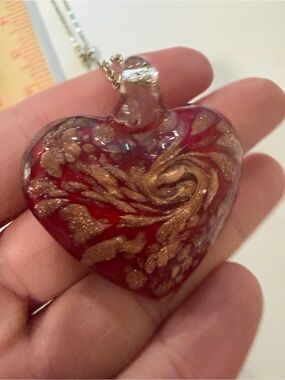 Vintage Red Heart Necklace with Gold Swirl Glass Pendant